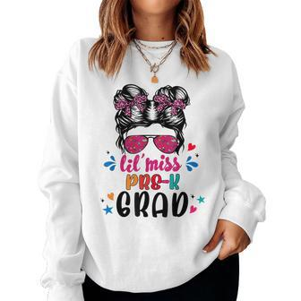 Lil Miss Pre K Grad Graduation Messy Bun Girls Kids Women Crewneck Graphic Sweatshirt - Thegiftio UK