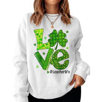 Love Shamrock Teacher Life St Patricks Day Teacher Leopard V2 Women Crewneck Graphic Sweatshirt - Seseable