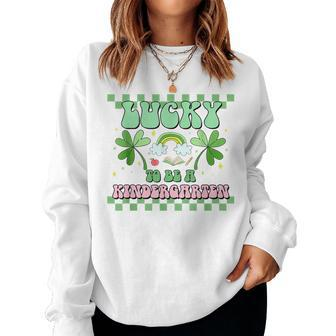 Lucky To Be A Kindergarten Teacher Groovy St Patricks Day Women Crewneck Graphic Sweatshirt - Seseable