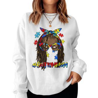 Messy Bun Black Autism Mom Afro Mother Autism Awareness Women Sweatshirt | Mazezy