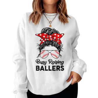Messy Bun Busy Raising Ballers Mom Baseball Mother Women Sweatshirt | Mazezy