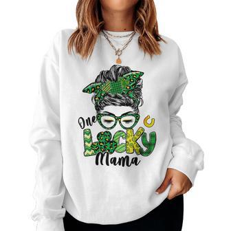 Messy Bun Leopard Green Shamrock Lucky Mama St Patricks Day Women Crewneck Graphic Sweatshirt - Thegiftio UK