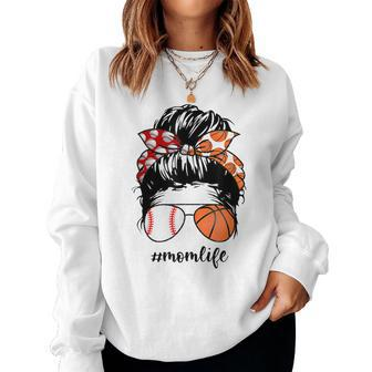 Mom Life Baseball Basketball Mom Messy Bun Funny Mothers Day Women Crewneck Graphic Sweatshirt - Thegiftio UK