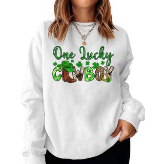 One Lucky Cowboy Shamrock Rodeo Horse St Patricks Day Women Crewneck Graphic Sweatshirt - Seseable
