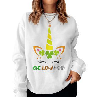 One Lucky Mama Unicorn Face St Patricks Day Shamrock Girls Women Crewneck Graphic Sweatshirt | Seseable UK