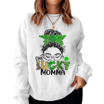 One Lucky Momma Messy Bun Mom Shamrock St Patricks Day Women Crewneck Graphic Sweatshirt - Thegiftio