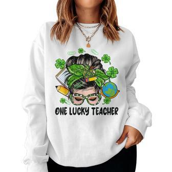 One Lucky Teacher Afro Messy Bun Patricks Day Shamrock Women Crewneck Graphic Sweatshirt - Seseable