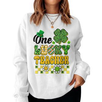 One Lucky Teacher Groovy Shamrock Happy St Patricks Day Women Crewneck Graphic Sweatshirt | Seseable UK