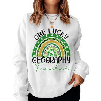 One Lucky Teacher Rainbow St Patricks Day Geography Teacher Women Crewneck Graphic Sweatshirt - Seseable