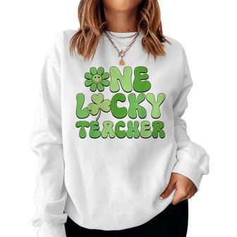 One Lucky Teacher Retro Groovy Shamrock St Patricks Day Women Crewneck Graphic Sweatshirt - Thegiftio