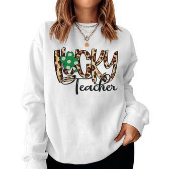 One Lucky Teacher Shamrock Clover Leopard St Patricks Day Women Crewneck Graphic Sweatshirt - Seseable