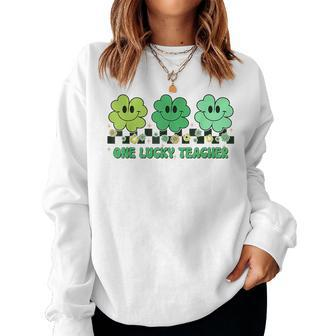 One Lucky Teacher Shamrock St Patricks Day Groovy Retro Women Crewneck Graphic Sweatshirt - Thegiftio UK