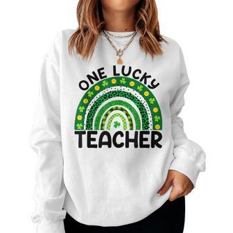 Saint Patricks Day Teacher One Lucky Teacher Leopard Rainbow Women Crewneck Graphic Sweatshirt - Seseable