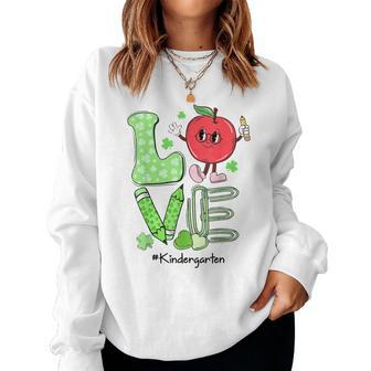 St Patricks Day Kindergarten Teacher Love Retro Groovy Women Crewneck Graphic Sweatshirt - Seseable