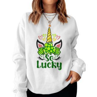 St Patricks Day So Lucky Shamrocks Unicorn Face Girl Women V2 Women Crewneck Graphic Sweatshirt - Seseable