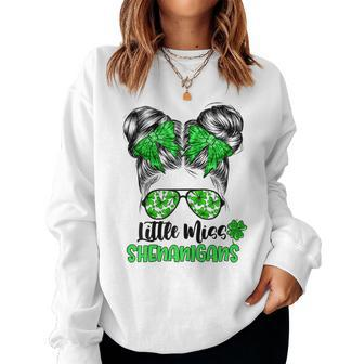 StPatricks Day Messy Bun For Girls Little Miss Shenanigans Women Crewneck Graphic Sweatshirt - Seseable