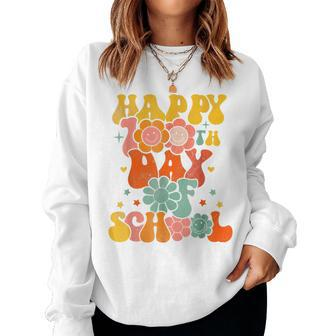 Teacher Kids Retro Groovy 100 Days Happy 100Th Day Of School V2 Women Crewneck Graphic Sweatshirt - Thegiftio UK