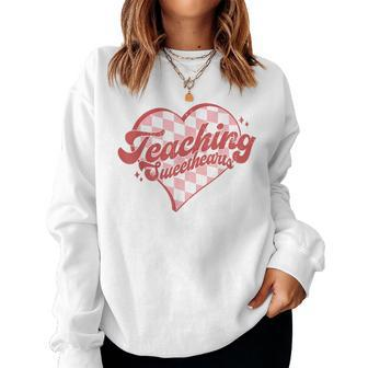 Teaching Sweethearts Checkered Heart Valentines Day Teacher Women Crewneck Graphic Sweatshirt - Seseable