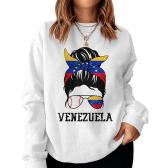 Venezuelan Baseball Fan Girl Mom Messy Bun Venezuela Flag Women Sweatshirt | Mazezy