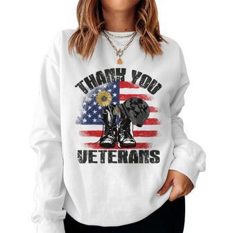 Vintage Thank You Veterans Combat Boots Flower Veterans Day V2 Women Crewneck Graphic Sweatshirt - Seseable