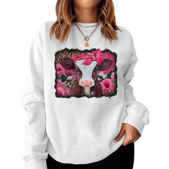 Western Baby Cow With Pink Leopard Flower Cow Lover Women Crewneck Graphic Sweatshirt - Seseable