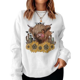 Western Highland Cow With Sunflower And Cactus Leopard Cow Women Sweatshirt | Mazezy