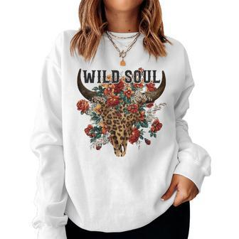 Wild Soul Leopard Cow Skull Bull Skull Flower Western Lover Women Sweatshirt | Mazezy