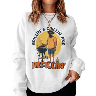 Womens Grillin Chillin Refillin Design Fathers Day Bbq Women Crewneck Graphic Sweatshirt - Thegiftio UK