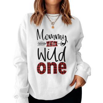 Womens Mommy Of The Wild One Buffalo Plaid Lumberjack 1St Birthday Women Crewneck Graphic Sweatshirt - Seseable