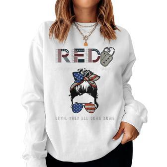Womens On Friday We Wear Red Friday Military Support Troops Us Flag Women Crewneck Graphic Sweatshirt - Seseable