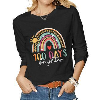 100 Days Brighter Teacher Student 100 Days Of School Rainbow V2 Women Long Sleeve T-shirt | Mazezy