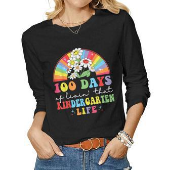 100 Days Of Livin That Kindergarten Hippie Rainbow Teacher Women Graphic Long Sleeve T-shirt - Thegiftio UK