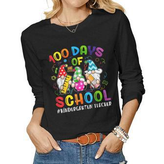 100 Days Of School Cute Gnome Kindergarten Teacher Funny Women Graphic Long Sleeve T-shirt - Seseable