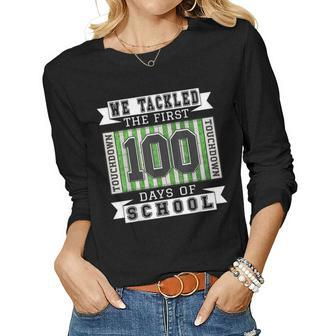 100 Days Of School Football Theme - School Teacher Student Women Graphic Long Sleeve T-shirt - Seseable