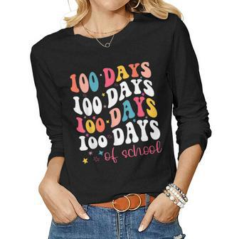 100 Days Of School Groovy For Teacher Girls Kids Women Graphic Long Sleeve T-shirt - Seseable