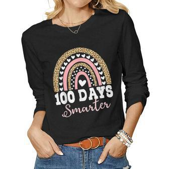 100 Days Smarter Happy 100Th Day Of School Rainbow Leopard V57 Women Graphic Long Sleeve T-shirt - Thegiftio UK