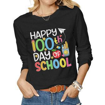 100Th Day Of School Teachers Students Kids Happy 100 Days Women Graphic Long Sleeve T-shirt - Thegiftio
