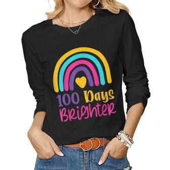100 Days Brighter Teacher Girls 100 Days Of School Rainbow  Women Graphic Long Sleeve T-shirt
