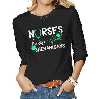 Nurses Love Shenanigans Funny St Patricks Day Nursing  Women Graphic Long Sleeve T-shirt