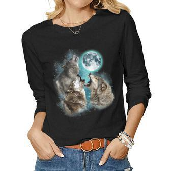3 Wolf Moon Howling Wolf Head Wolves For Men Women Women Long Sleeve T-shirt | Mazezy