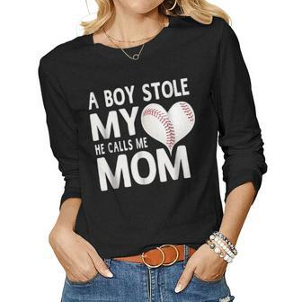 A Boy Stole My Heart He Calls Me Mom Baseball Gift Women Graphic Long Sleeve T-shirt - Seseable
