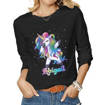 Abigail Name Personalized Custom Rainbow Unicorn Dabbing Women Long Sleeve T-shirt | Mazezy