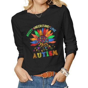 Accept Understand Love Autism Awareness Sunflower Puzzle Women Long Sleeve T-shirt | Mazezy