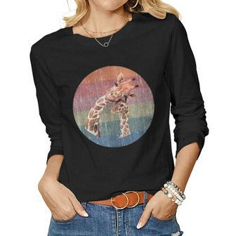 African Giraffe Mom And Baby Watercolor On Distressed Sunset Women Graphic Long Sleeve T-shirt - Seseable