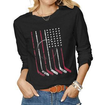 American Flag Vintage Hockey Flag Dad Mom Gift Women Graphic Long Sleeve T-shirt - Seseable