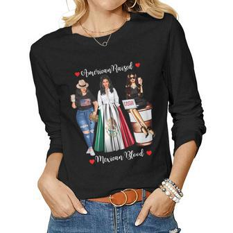 Womens American Raised Mexican Blood Usa Flag Mexico Proud Women Long Sleeve T-shirt | Mazezy