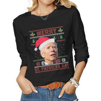 Anti Biden Merry St Patricks Day Ugly Christmas Sweater Women Graphic Long Sleeve T-shirt - Seseable