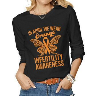 In April We Wear Orange Butterfly Infertility Awareness Week Women Long Sleeve T-shirt | Mazezy