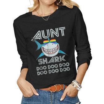 Aunt Shark Shirt Doo Doo Rainbow Flag Fathers Day Women Long Sleeve T-shirt | Mazezy