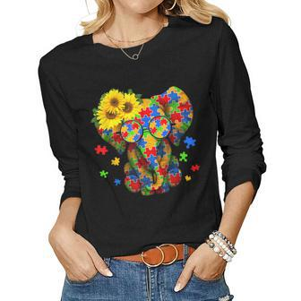 Autism Awareness Elephant Be Kind Puzzle Piece Girls Mom Women Graphic Long Sleeve T-shirt - Seseable